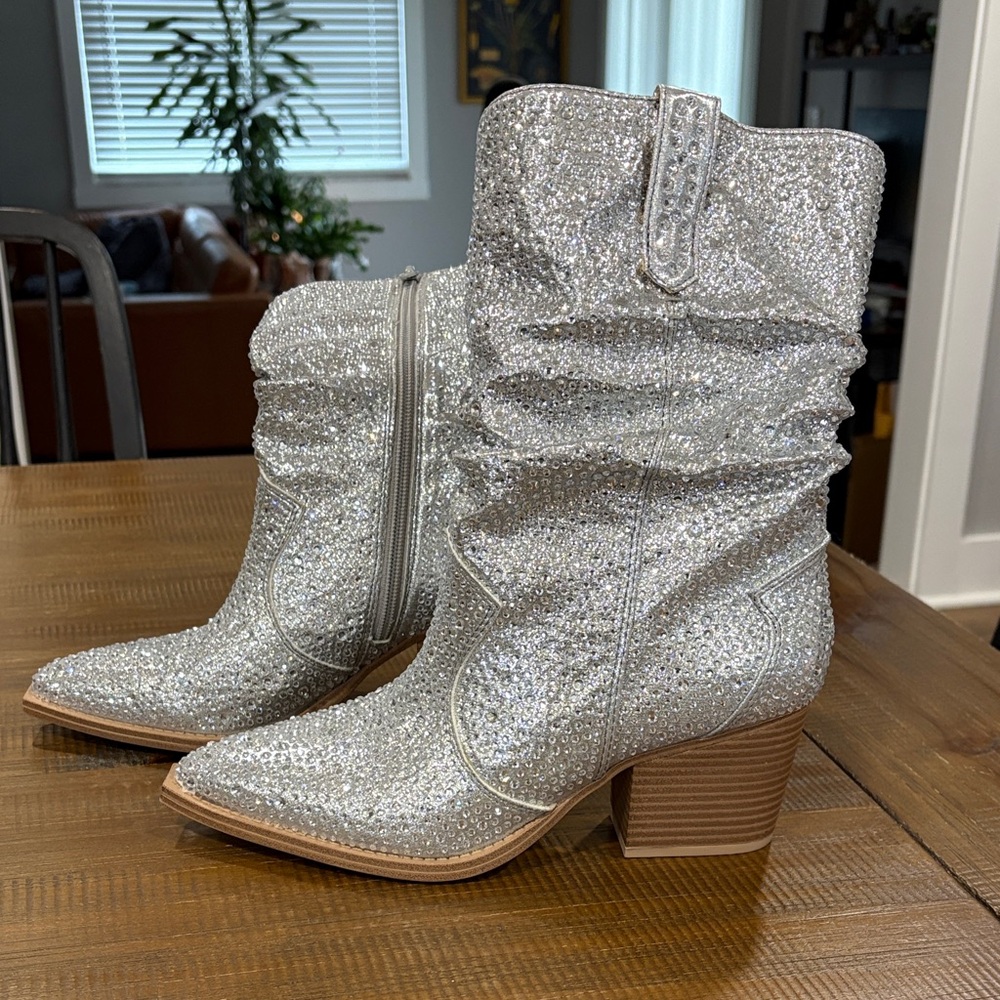 Crown Vintage Silver Rhinestone Western Mid-Calf Boots - new condition